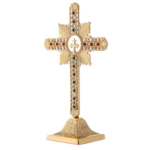 Floral table cross in golden brass with colored crystals h 25 cm 3