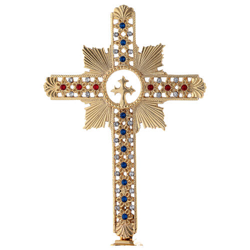 Floral table cross in golden brass with colored crystals h 25 cm 4