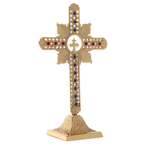 Floral table cross in golden brass with colored crystals h 25 cm 5