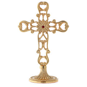 Cross with cut-out base, gold plated brass, red crystal, h 21 cm