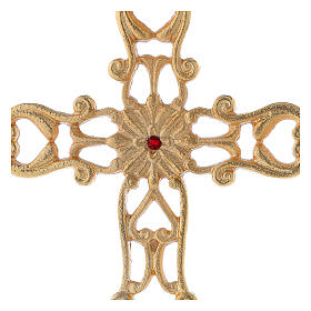 Cross with cut-out base, gold plated brass, red crystal, h 21 cm