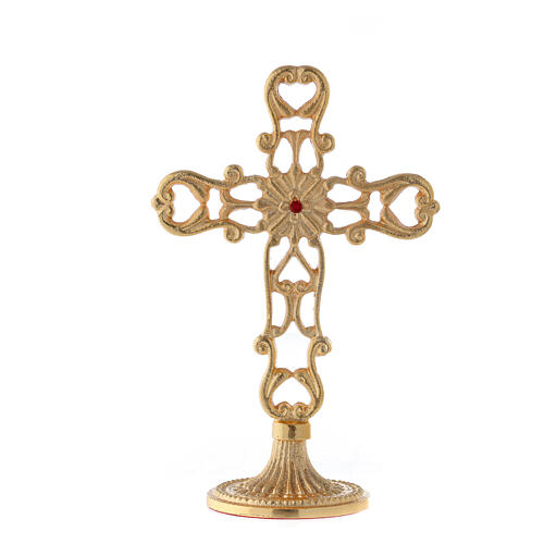 Cross with cut-out base, gold plated brass, red crystal, h 21 cm 5