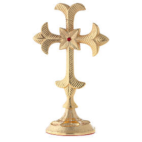 Medieval standing cross, gold plated brass, red crystal, h 19 cm