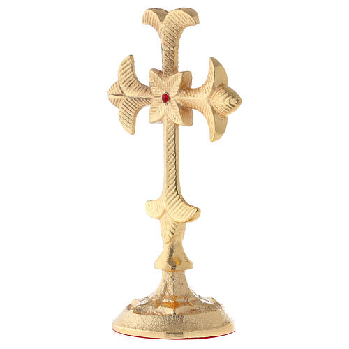 Medieval standing cross, gold plated brass, red crystal, h 19 cm 3