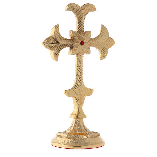 Medieval standing cross, gold plated brass, red crystal, h 19 cm 4