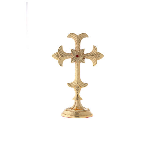 Medieval standing cross, gold plated brass, red crystal, h 19 cm 5