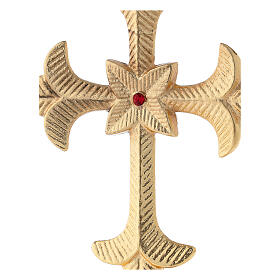 Cruz de mesa estilo medieval latão dourado cristal vermelho 19 cm