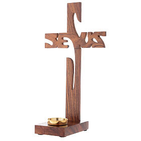 Standing cross with candle holder, Jesus design, wood, 29 cm