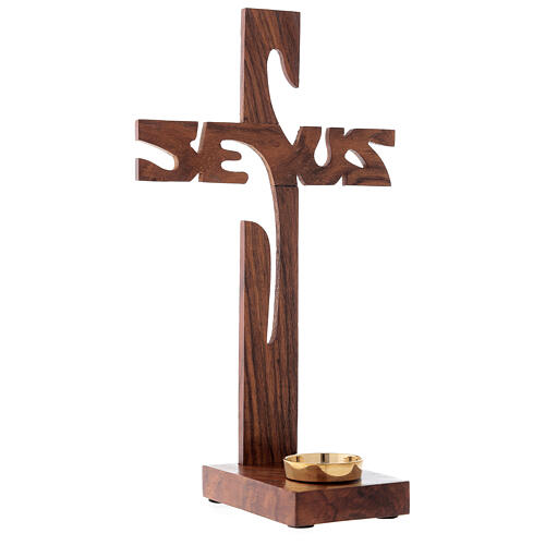 Wooden table cross with Jesus and candle holder 29 cm 3