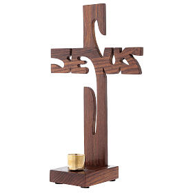 Jesus Tischkreuz aus Holz mit 2 cm großem Kerzenhalter, 24 cm hoch