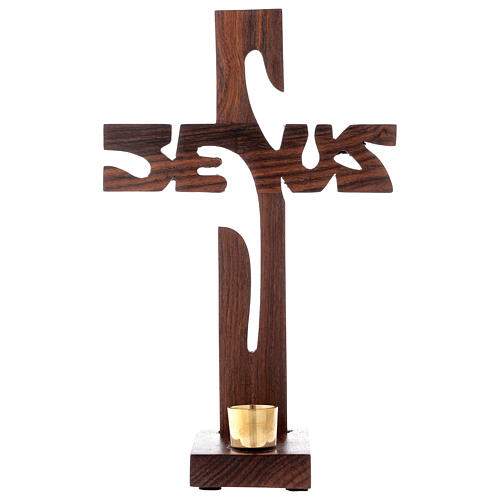 Jesus Tischkreuz aus Holz mit 2 cm großem Kerzenhalter, 24 cm hoch 1