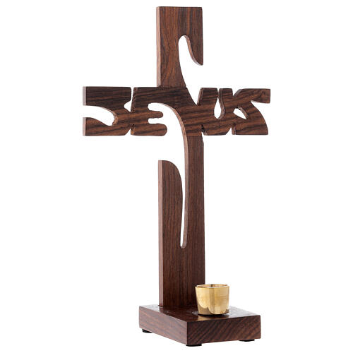 Jesus table cross wooden h 24 cm with 2 cm candle holder  3