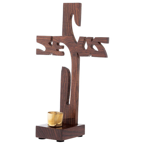 Jesus Kreuz aus dunklem Holz mit 2 cm großem Kerzenhalter und Sockel, 19 cm 2