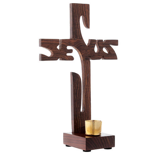 Jesus Kreuz aus dunklem Holz mit 2 cm großem Kerzenhalter und Sockel, 19 cm 3
