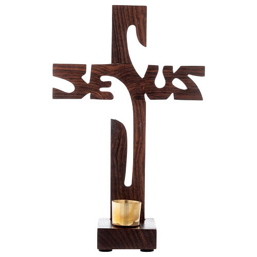 Cruz com base madeira escura Jesus 19 cm castiçal 2 cm 1