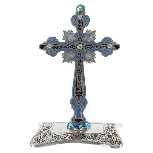 Kreuz zum hinstellen mit Strass silber 10x7 cm, blau 1