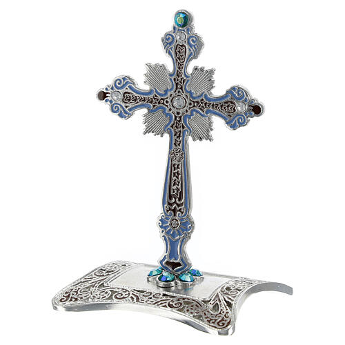 Croix de table bleue zamak finition bronze blanc strass 10x7 cm 2