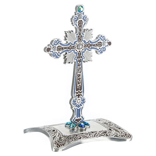 Croix de table bleue zamak finition bronze blanc strass 10x7 cm 3