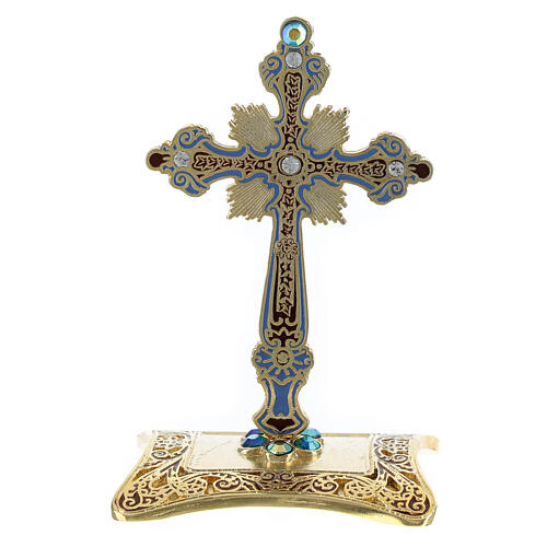 Kreuz zum hinstellen mit Strass gold 10x7 cm, blau 1