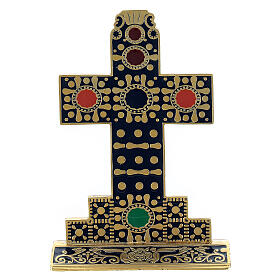 Golden table cross with blue enamel front and back 10x7 cm
