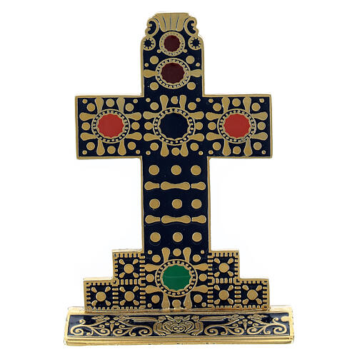 Golden table cross with blue enamel front and back 10x7 cm 1