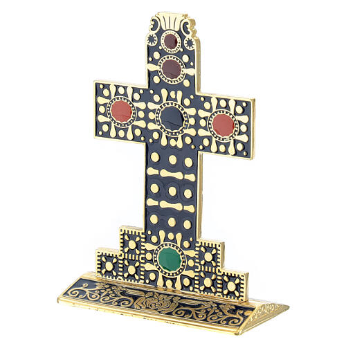 Golden table cross with blue enamel front and back 10x7 cm 2