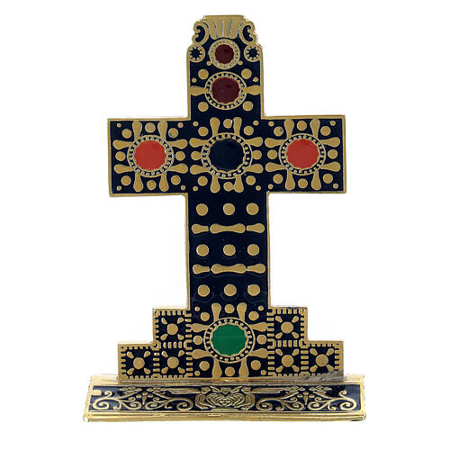 Golden table cross with blue enamel front and back 10x7 cm 4