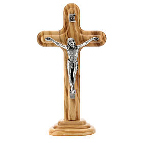 Crucifix arrondi bois olivier corps métal 16 cm