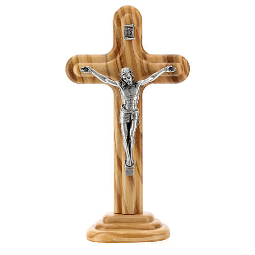 Crucifixo arredondado madeira oliveira corpo metal 16 cm 1