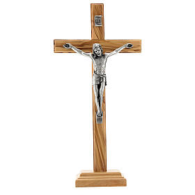 Olivewood standing crucifix, 28 cm, metallic body of Christ