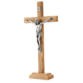 Olivewood standing crucifix, 28 cm, metallic body of Christ