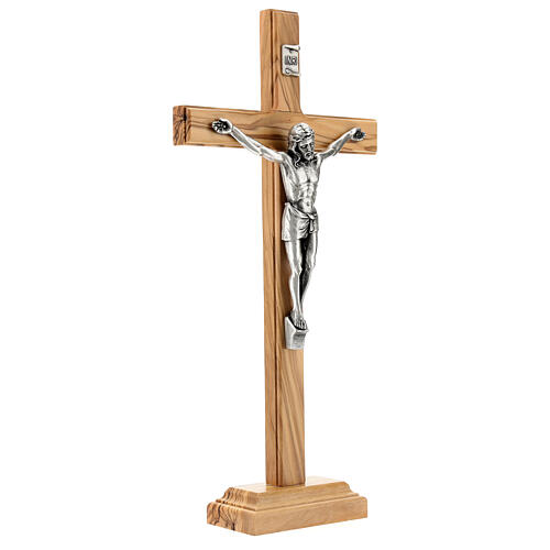 Olivewood standing crucifix, 28 cm, metallic body of Christ 3
