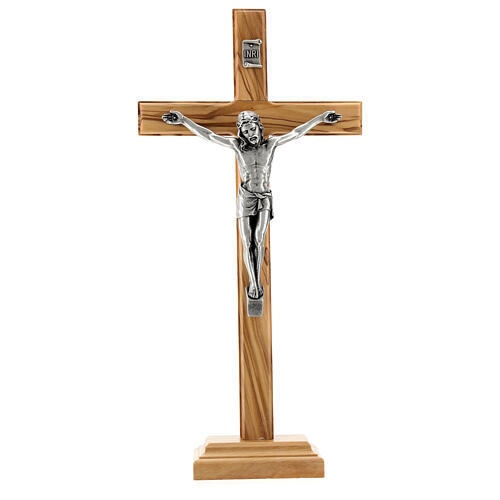 Olive wood table crucifix 28 cm, body of Christ in metal 1