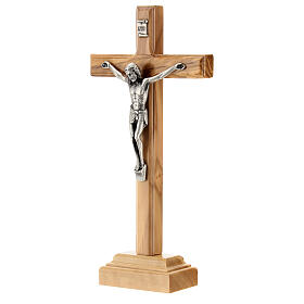 Kruzifix aus Olivenbaumholz mit Christuskőrper aus Metall und Sockel, 16 cm
