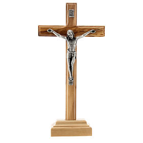 Crocifisso base legno ulivo Gesù metallo 16 cm