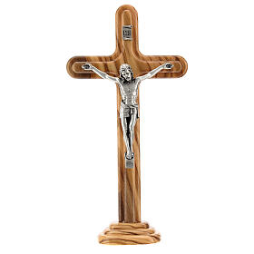 Standing crucifix, rounded olivewood cross, metal Christ, 21 cm