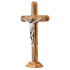 Standing crucifix, rounded olivewood cross, metal Christ, 21 cm