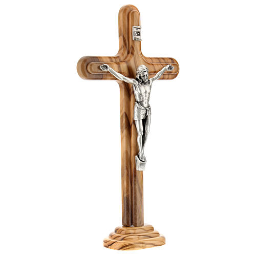 Standing crucifix, rounded olivewood cross, metal Christ, 21 cm 3