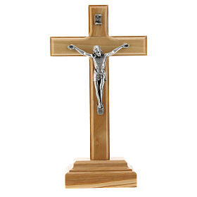 Standing wood crucifix, metallic INRI and Christ, 14 cm