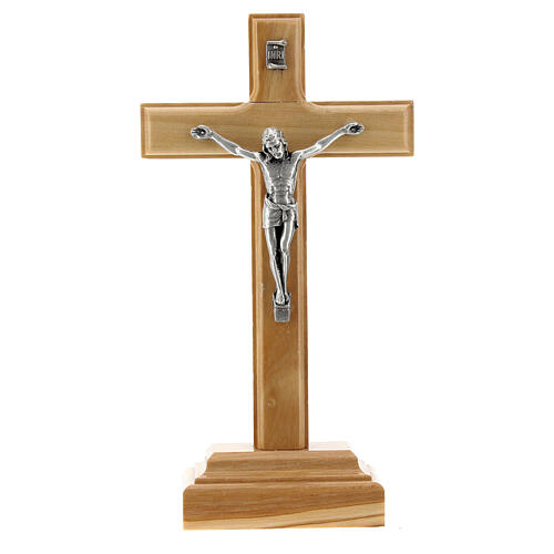 Standing wood crucifix, metallic INRI and Christ, 14 cm 1