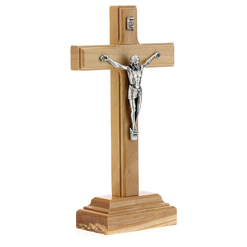 Standing wood crucifix, metallic INRI and Christ, 14 cm 3