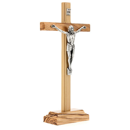 Crocifisso tavolo legno ulivo metallo argentato Cristo 22 cm 3