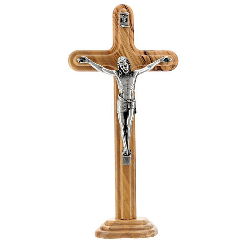 Tischkruzifix aus Olivenbaumholz mit Christuskőrper aus Metall, 26 cm 1