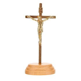 Gold plated standing curicifix, wood base, 9.5 cm