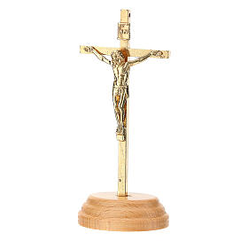 Gold plated standing curicifix, wood base, 9.5 cm