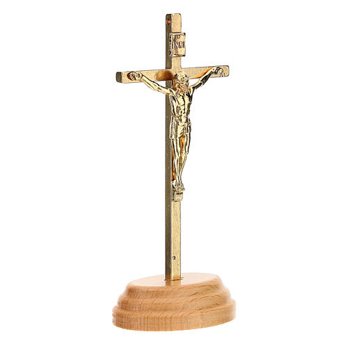 Gold plated standing curicifix, wood base, 9.5 cm 3
