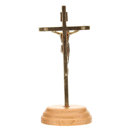 Gold plated standing curicifix, wood base, 9.5 cm 4
