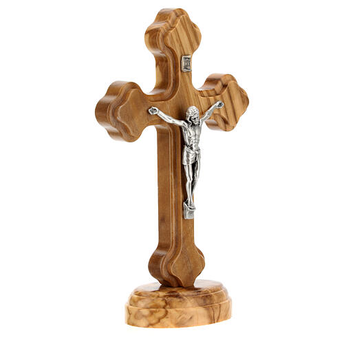 Crucifixo de mesa trilobado madeira de oliveira Corpo de Jesus metal 15x9 3