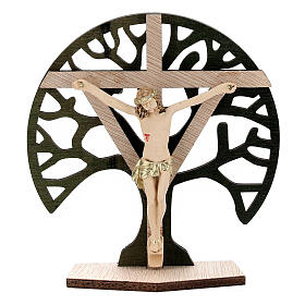 Tischkruzifix mit Lebensbaum aus Holz und Christuskőrper aus Harz, 9,5 cm