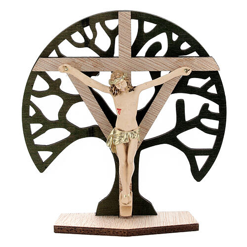 Tischkruzifix mit Lebensbaum aus Holz und Christuskőrper aus Harz, 9,5 cm 1